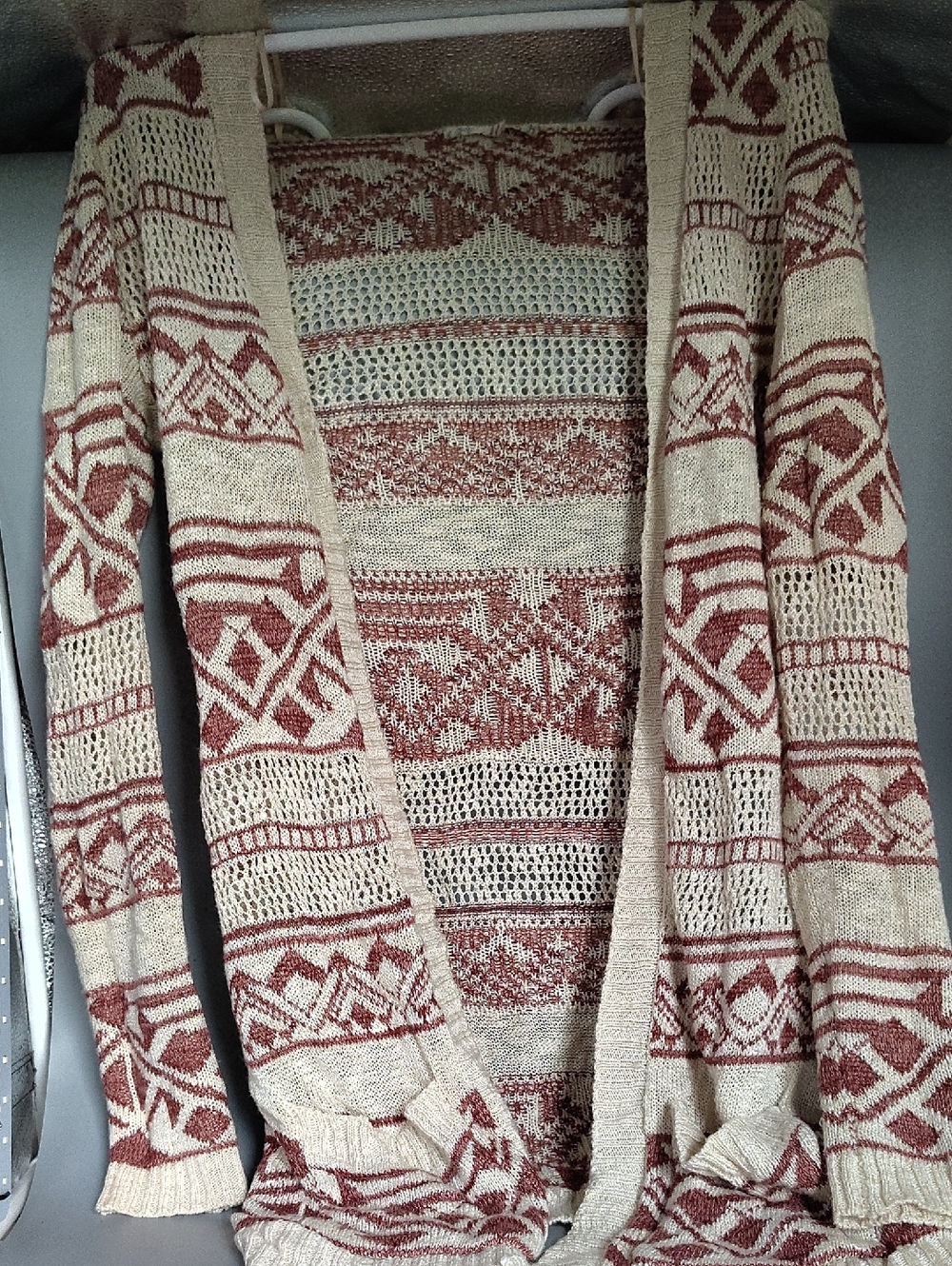 Pink Republic Beige and Rust Open-Front Geometric Knit Cardigan